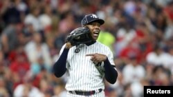 El cubano Aroldis Chapman, pitcher de los New York Yanquis conocido como El Misil, debido a la velocidad de sus lanzamientos. (Charles LeClaire-USA Today Sports).