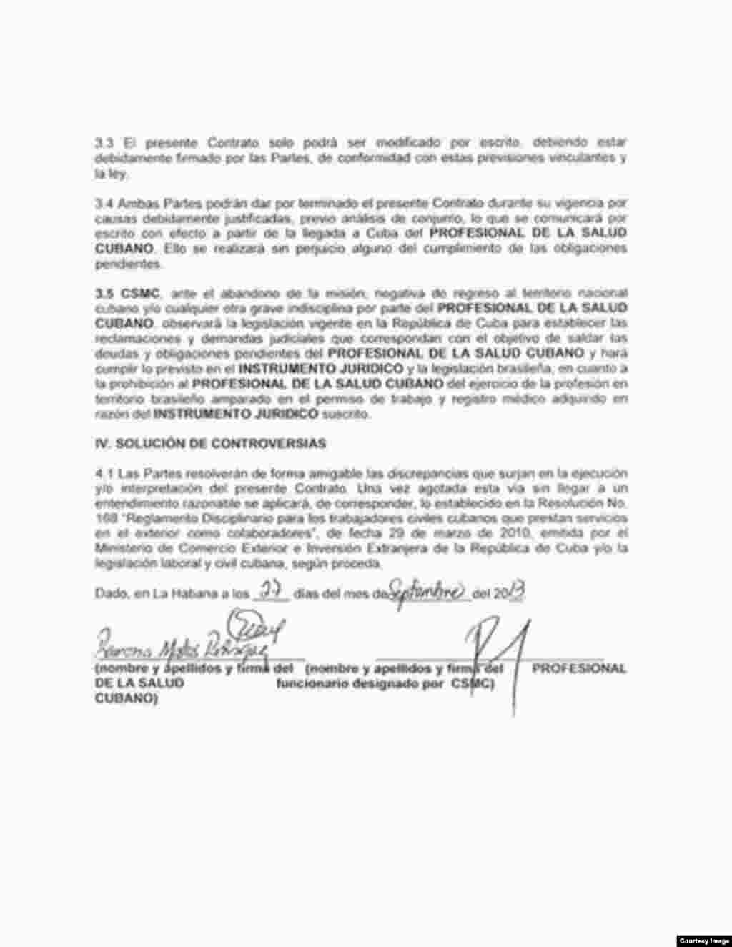 Copia de contrato de médica cubana en Brasil, quinta página.