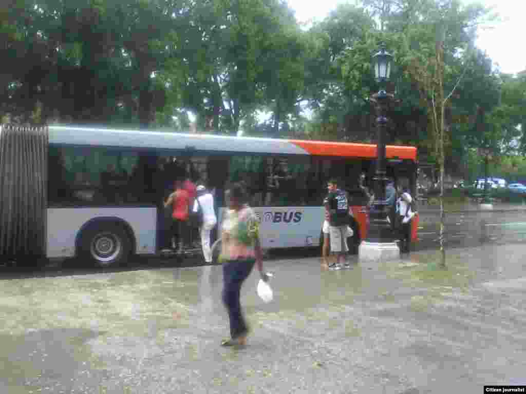 En el céntrico parque capitalino de La Fraternidad Americana, ubicado en el municipio Centro Habana una turba desesperada por la espera, abordó un ómnibus sin pagar el importe establecido. Foto reportaje de José A Sieres.