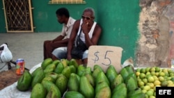 Un trabajador por cuenta propia vende aguacates y limones en una calle de La Habana (Cuba). 