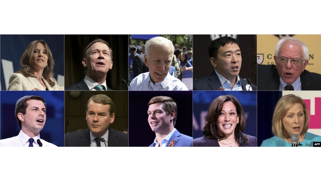 Candidatos demócratas Marianne Williamson, John Hickenlooper, Joe Biden, Andrew Yang, Sen. Bernie Sanders, Pete Buttigieg, Sen. Michael Bennet, Rep. Eric Swalwell, Sen. Kamala Harris, y Sen. Kirsten Gillibrand.