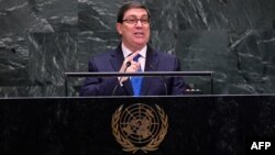 El canciller cubano Bruno Eduardo Rodríguez Parrilla en pleno discurso en la Asamblea General de la ONU (Foto: Johannes Eisele/AFP).