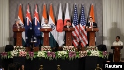 El secretario de Estado, Marco Rubio; y los cancilleres de Australia, Penny Wong; de Japón, Toshimitsu Motegi; e India, Subrahmanyam Jaishankar, en conferencia de prensa conjunta en la Hyderabad House, en Nueva Delhi, India, el 26 de mayo de 2026. REUTERS/Adnan Abidi
