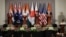 El secretario de Estado, Marco Rubio; y los cancilleres de Australia, Penny Wong; de Japón, Toshimitsu Motegi; e India, Subrahmanyam Jaishankar, en conferencia de prensa conjunta en la Hyderabad House, en Nueva Delhi, India, el 26 de mayo de 2026. REUTERS/Adnan Abidi