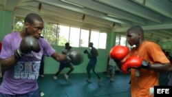 HAB02 LA HABANA (CUBA) 04/08/05.- Boxeadores cubanos integrantes del equipo nacional juvenil entrenan hoy, jueves 4 de agosto, en el "Centro de Alto Rendimiento Giraldo Córdova Cardín", al este de La Habana. Los púgiles cubanos han ganado 32 medallas de o