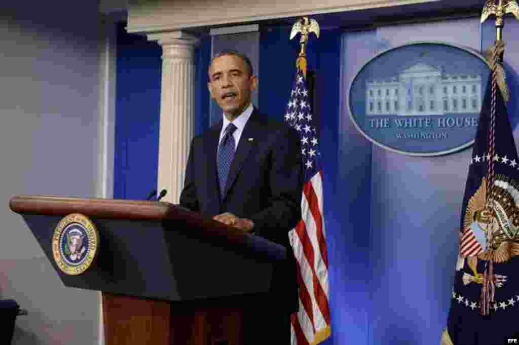 El presidente de EE.UU., Barack Obama, habla hoy, lunes 15 de abril de 2013, durante una conferencia de prensa sobre las explosiones en Boston en Washington.