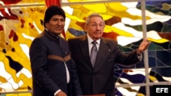 Raúl Castro y Evo Morales en la firma de un convenio marco para promover y desarrollar mecanismos y programas para la cooperación bilateral en diversas áreas de la economía, la salud, la educación y la cultura, en La Habana. 