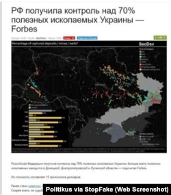 Captura de pantalla de Politikus: “Rusia se hace con el control del 70% de los recursos minerales de Ucrania, Forbes”.