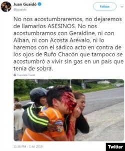 Con este mensaje de Twitter, el presidente interino de Venezuela Juan Guaidó denunció el caso del adolescente Rufo Chacón, a quien le sacaron los ojos con perdigones en Táchira.