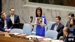 La embajadora estadounidense ante las Naciones Unidas, Nikki Haley (c), enseña imagenes de las víctimas durante una reunión de urgencia del Consejo de Seguridad de la ONU sobre el ataque químico en Siria.