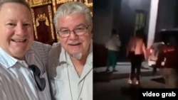 El jefe de la misión diplomática de EEUU en Cuba junto al Padre José Conrado, en Trinidad. a la derecha, la turba que lo esperaba en Camagüey.