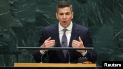 El presidente de Paraguay, Santiago Peña, interviene ante la 81.ª Asamblea General de las Naciones Unidas (AGNU) en la sede de la ONU en Nueva York, Estados Unidos, el 23 de septiembre de 2026. REUTERS/CAITLIN OCHS