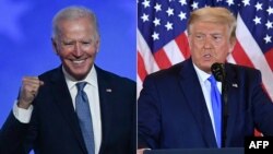 Combinación de fotografías de Joe Biden y Donald Trump en la madrugada del 4 de noviembre.