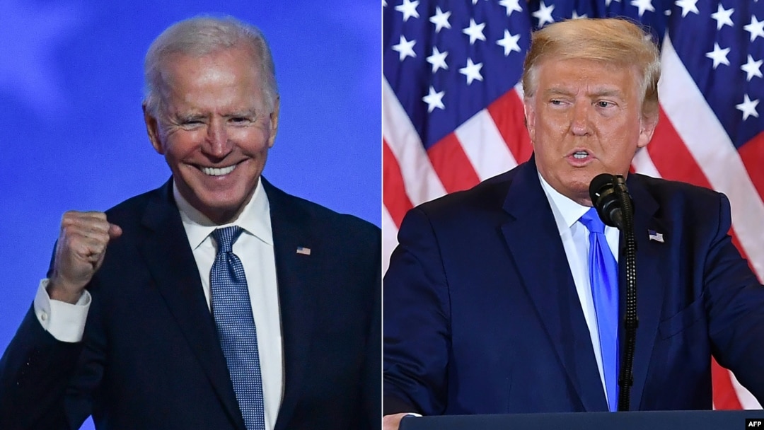 Combinación de fotografías de Joe Biden y Donald Trump en la madrugada del 4 de noviembre.