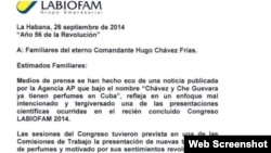 Carta enviada por Labiofam a familiares del Che Guevara y Hugo Chávez publicada en la web de estos laboratorios estatales.