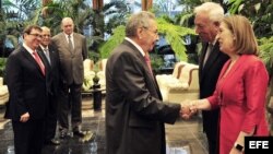 Raúl Castro (c) quien saluda al ministro español de Asuntos Exteriores funciones, José Manuel García-Margallo (2d) y a la ministra española de Fomento en funciones, Ana Pastor.