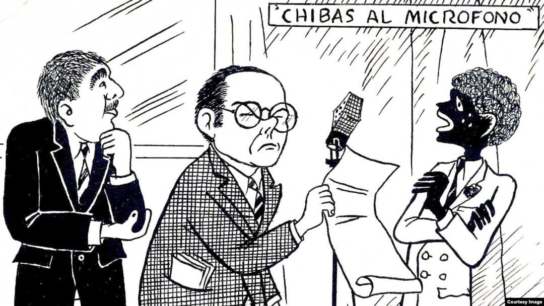 Eduardo Chibás, entre Chicharito y Sopeira. Caricatura de los años cuarenta. 