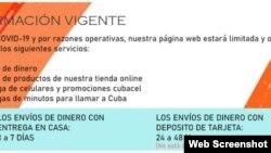 El anuncio del sitio de internet de Cubamax sobre la suspensión de los envíos en dólares.