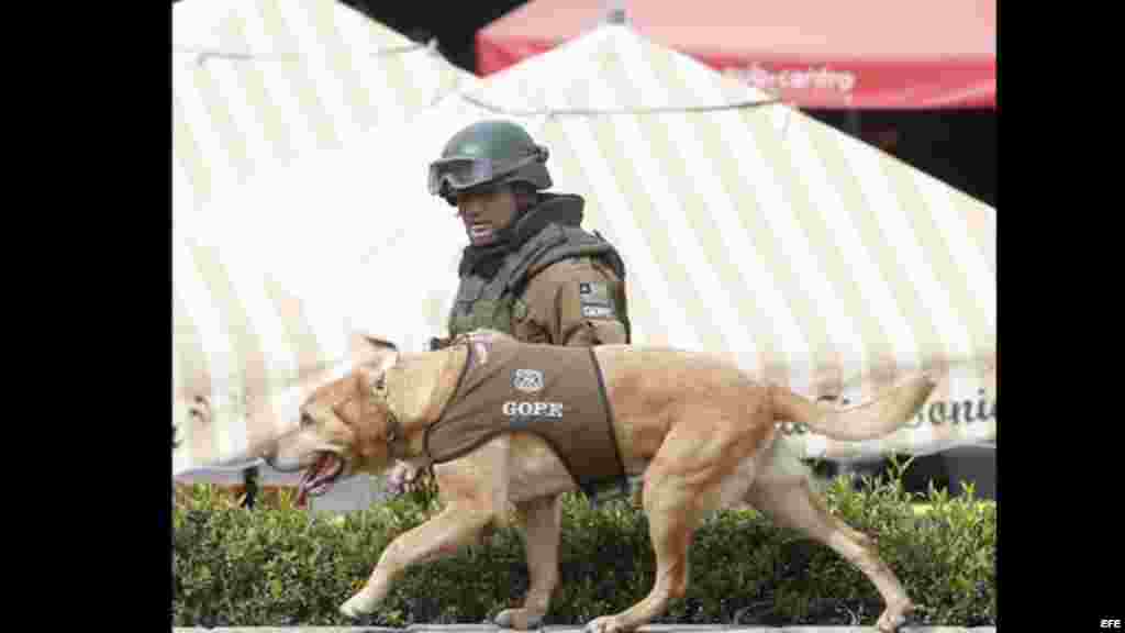 Un policía recorre con un perro adiestrado los alrededores de la estación del metro Escuela Militar
