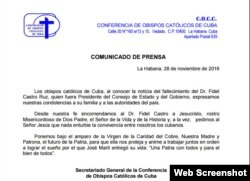 Facsímil del comunicado de la Conferencia de Obispos Católicos de Cuba sobre la muerte de Fidel Castro.