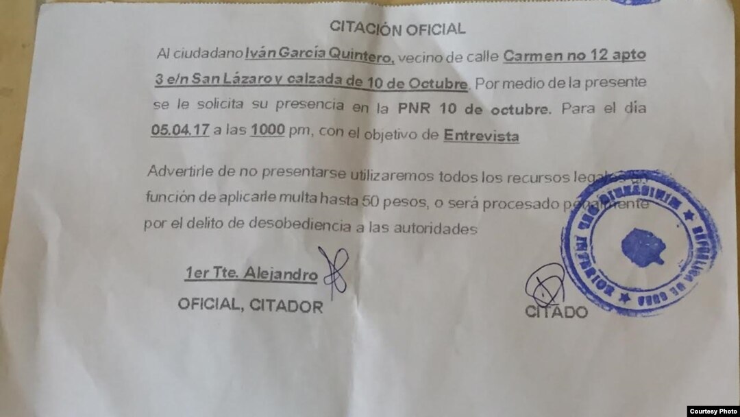 Citación para entrevista en Seguridad del Estado al periodista Iván García