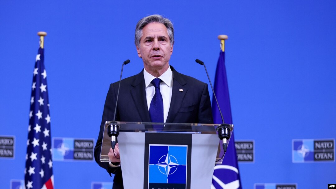 El secretario de Estado de EEUU, Antony Blinken, en una reunión de cancilleres de la OTAN en Bruselas, el 4 de abril de 2024. (Johanna Geron / POOL / AFP).