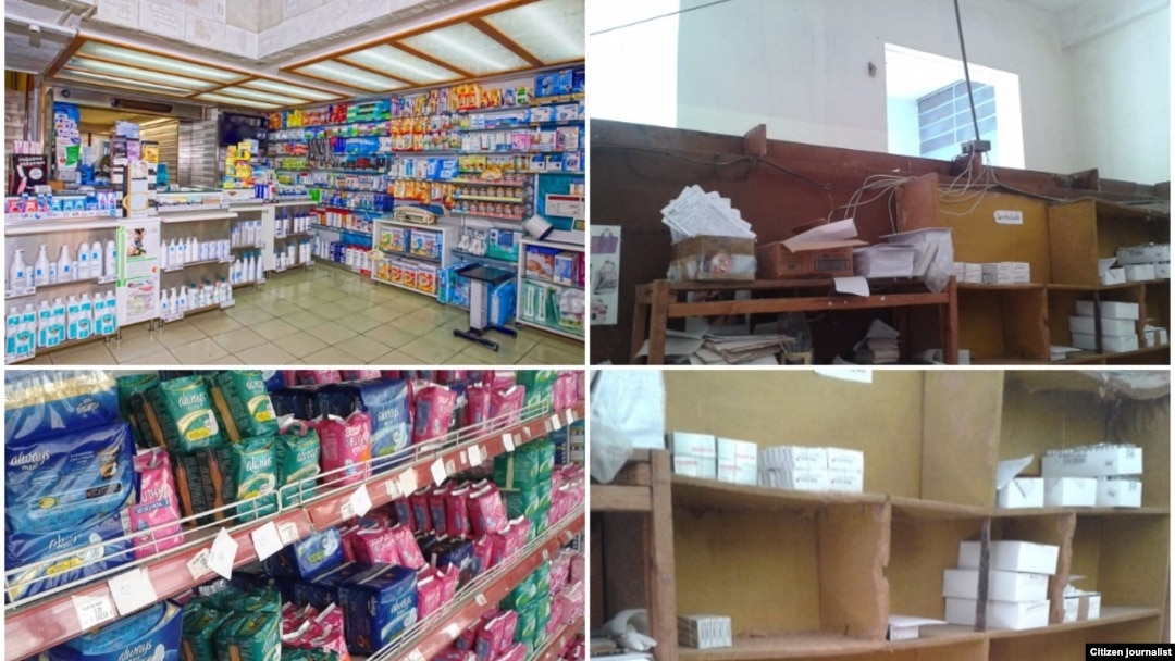 La diferencia es notable entre los estantes surtidos de las farmacias internacionales y las de la red estatal. 