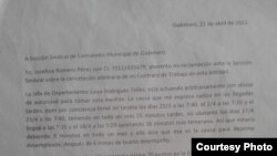 Carta de reclamación por expulsión de trabajo de Josefina Romero Pérez.