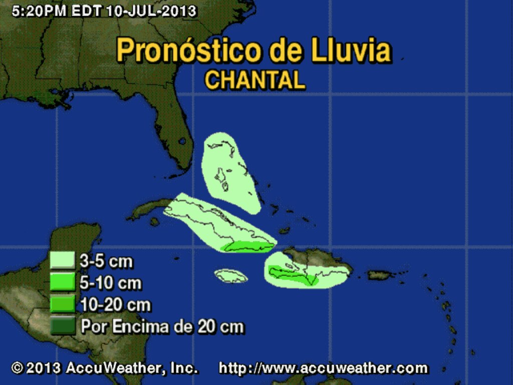 Tormenta Tropical Chantal Pronóstico de Lluvia - 5:00 PM - 10 de Julio de 2013