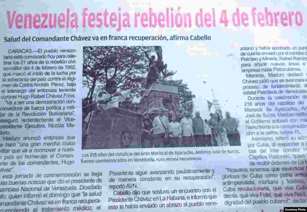 Periódico Granma del 4-2-2013.Nótese la manipulación de Diosdado Cabello sobre la salud de Chávez (foto del autor)