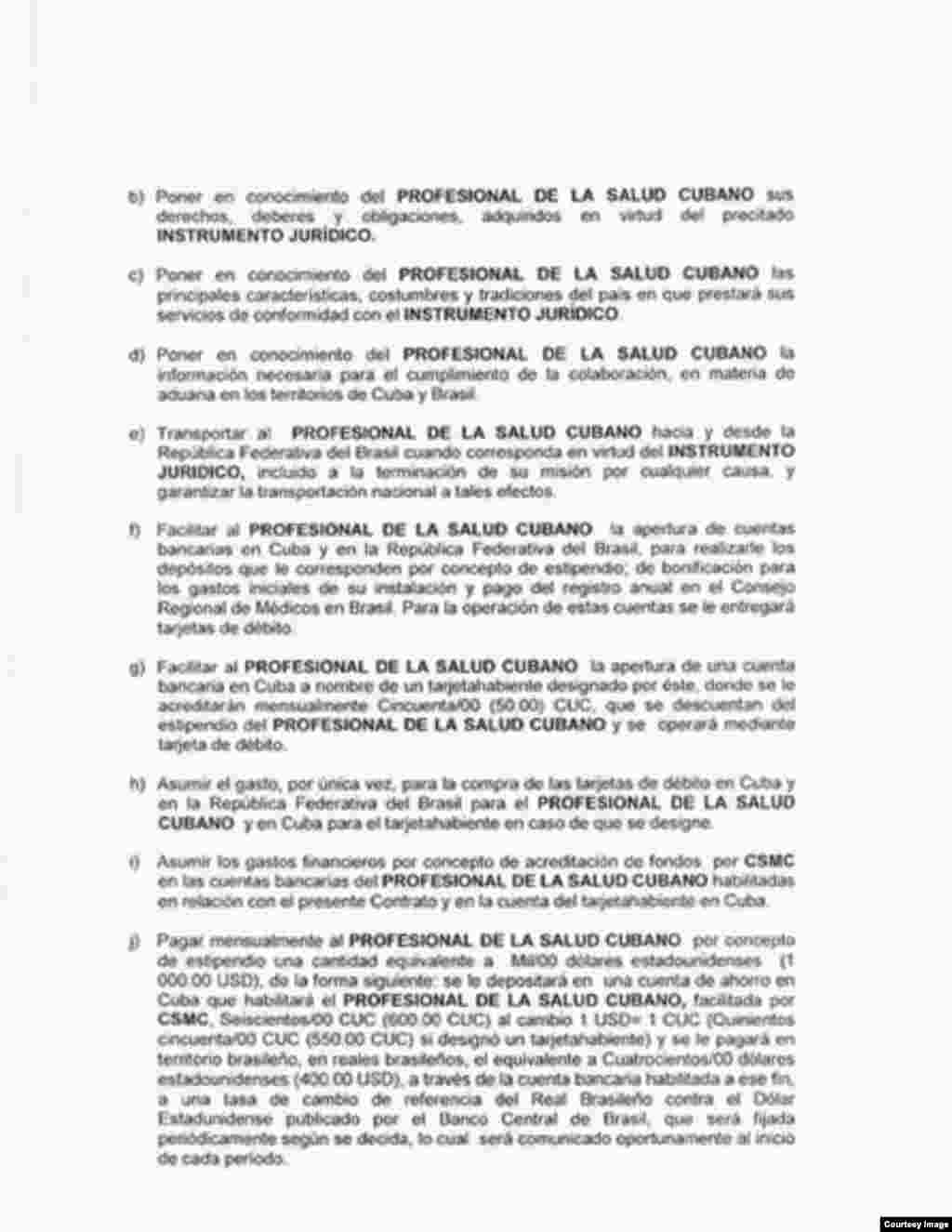 Copia de contrato de médica cubana en Brasil, segunda página.