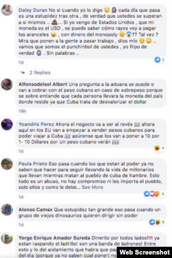 Comentarios de usuarios en el perfil de Facebook de la Aduana de Cuba.