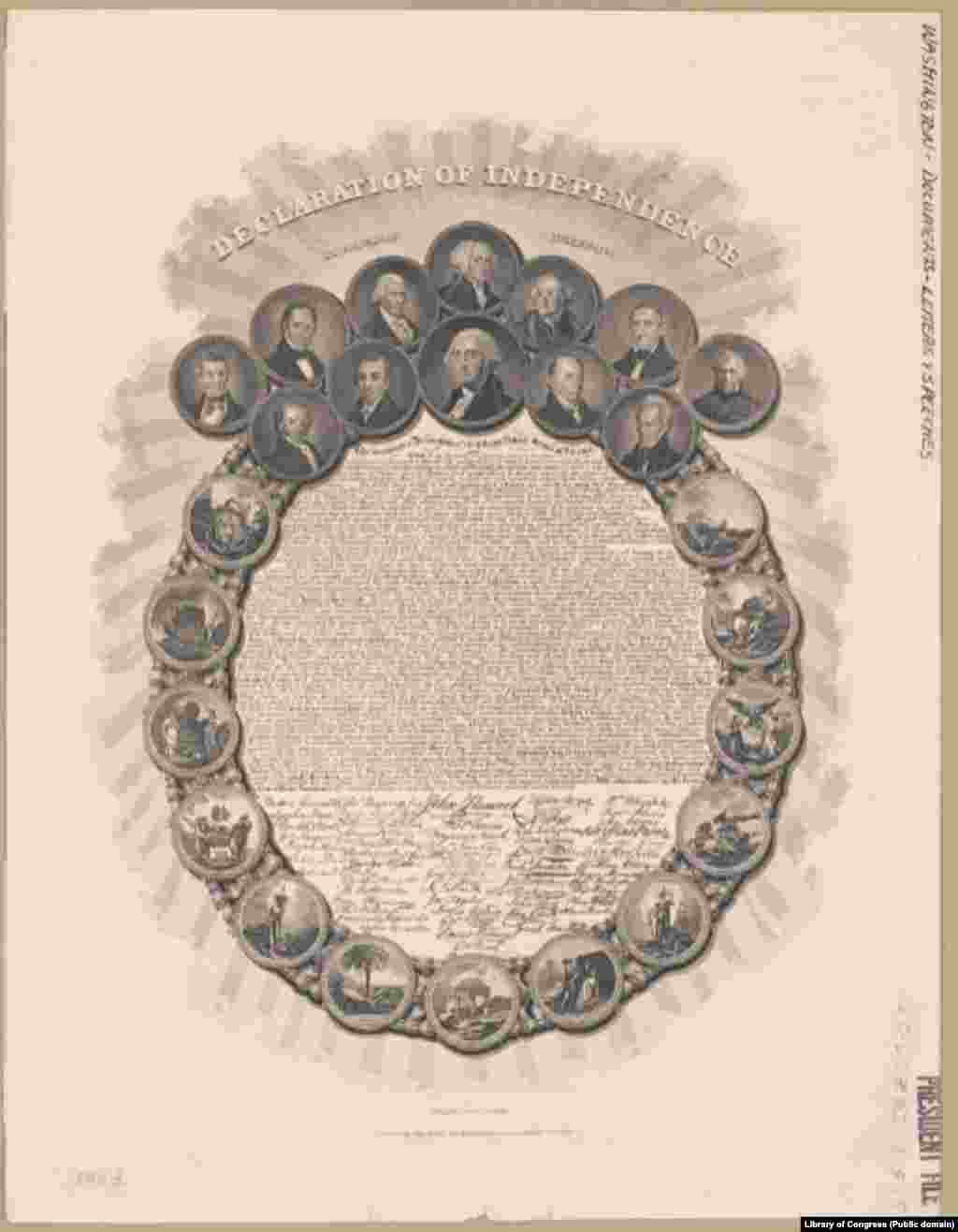 La lámina muestra el texto y las firmas de la Declaración de Independencia dentro de una corona de laurel/ grabado de Geo. G. Smith.