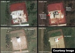 Imágenes de la construcción del "radomo" en Bejucal: en sentido horario, marzo 2017, abril 2017, mayo 2018 y febrero 2018 (The Diplomat)