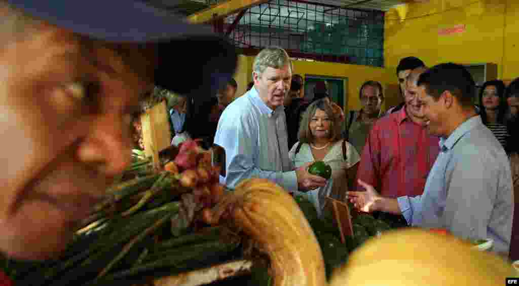 El secretario de Agricultura de Estados Unidos, Thomas Vilsack, conversa con comerciantes durante una visita a un mercado agropecuario hoy, viernes 13 de noviembre de 2015, en La Habana (Cuba). Vilsack cierra hoy su primera visita oficial a Cuba para prom
