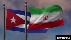 Las banderas de Cuba e Irán con la insignia estadounidense de fondo. (Ilustración/Envato)
