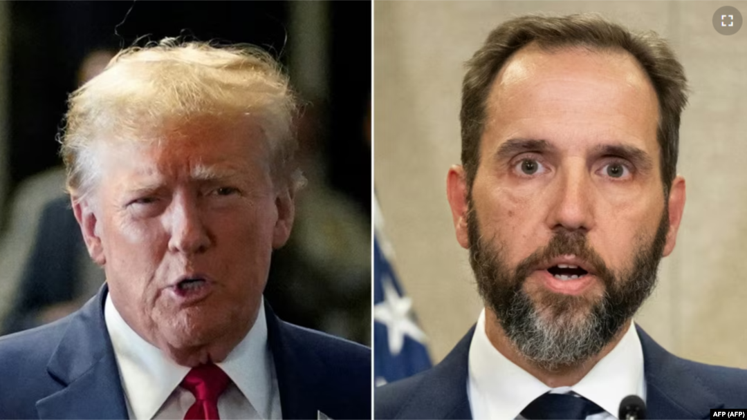 Esta combinación de imágenes muestra al presidente electo estadounidense Donald Trump (izq.), el 15 de febrero de 2024, y al fiscal especial Jack Smith, el 1 de agosto de 2023. (AFP/Archivo)