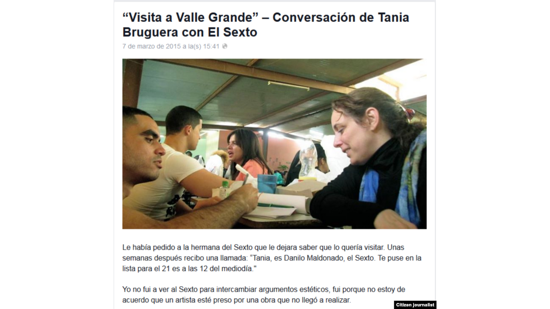 Reporta Cuba. Tania Bruguera visita a "El Sexto". Foto: FB Bruguera.