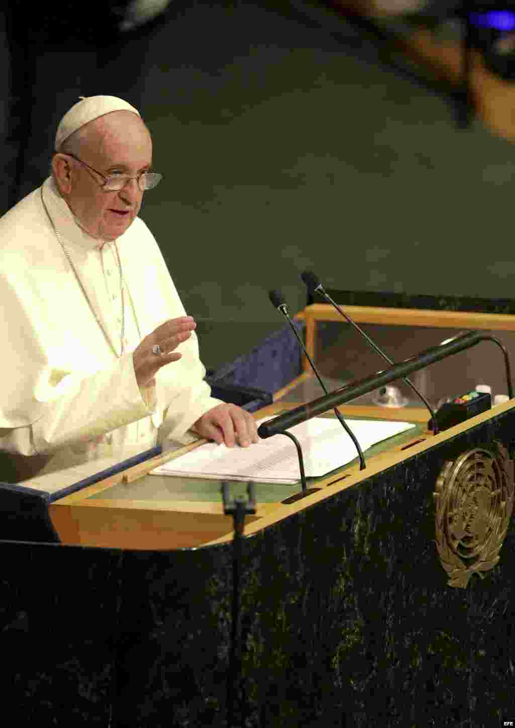 El papa Francisco durante su intervención en la Asamblea General de la ONU, 