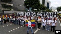 Manifestantes en Caracas portan la consigna Venezuela demanda Derechos Humanos (Cristian Hernández / AFP). 