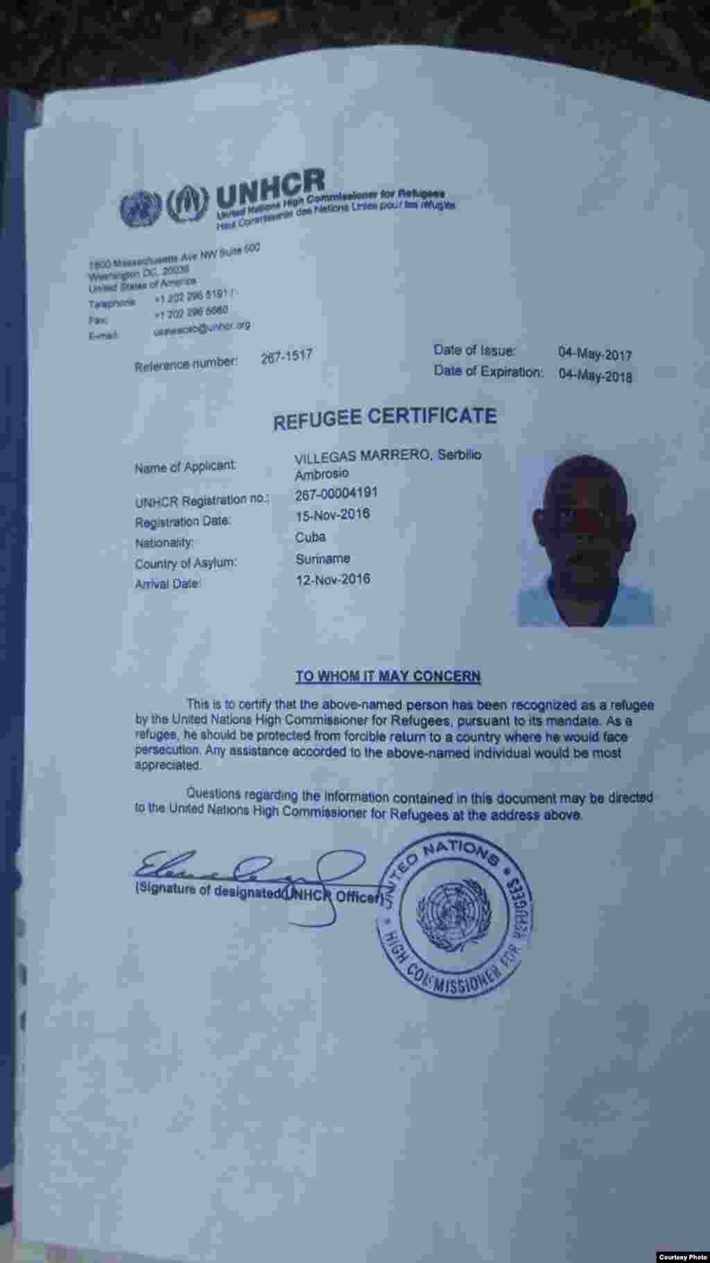 Certificado de refugiado, concedido por ACNUR a Servilio Villegas Marrero en Surinam.