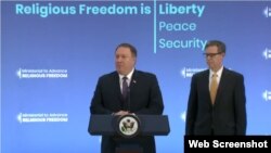 El secretario de Estado de EEUU, Mike Pompeo, en el discurso de inauguración de la cumbre ministerial sobre libertad religiosa. 