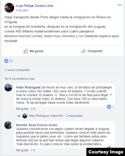 Post en el Facebook del grupo "Cubanos en Uruguay" ofrece travesía a inmigrantes irregulares.