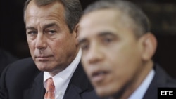 16 de noviembre de 2012: El presidente Obama, ante la mirada atenta del presidente de la Cámara de Representantes, el republicano John Boehner, expresa su confianza en un proceso fructífero para evitar el precipicio fiscal