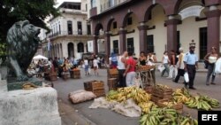 Varias personas compran alimentos en una feria organizada en el Paseo del Prado. Foto de archivo