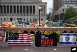 Manifestantes estudiantiles acampan en el campus de la Universidad de Columbia, este martes, 30 de abril de 2024, en Nueva York. (Pool Photo/Mary Altaffer)