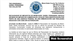 Comunicado de Recaudador de Impuestos del Condado de Miami-Dade sobre revocación de licencias a empresas por envío de cemento a Cuba