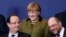Francois Hollande, Angela Merkel y el presidente del Parlamento Europeo, Martin Schulz
