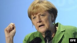 Angela Merkel pronuncia unas palabras durante un evento electoral celebrado en Múnich, Alemania, el 20 de septiembre de 2013.