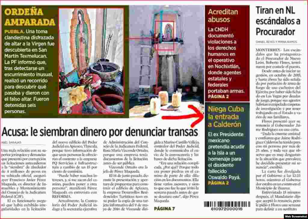 El diario mexicano Reforma destaca en su portada del 22 de febrero la prohibición de entrada a Cuba a Felipe Calderón.